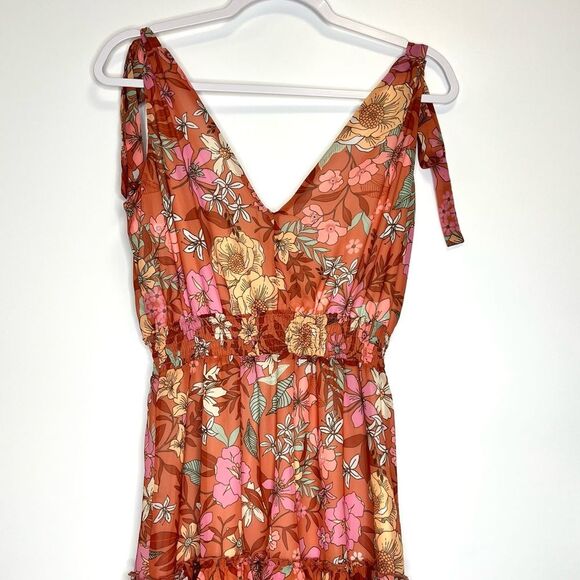 Altar’d State Floral Tiered Ruffle Tie Strap Dress Medium Orange - Picture 7 of 10